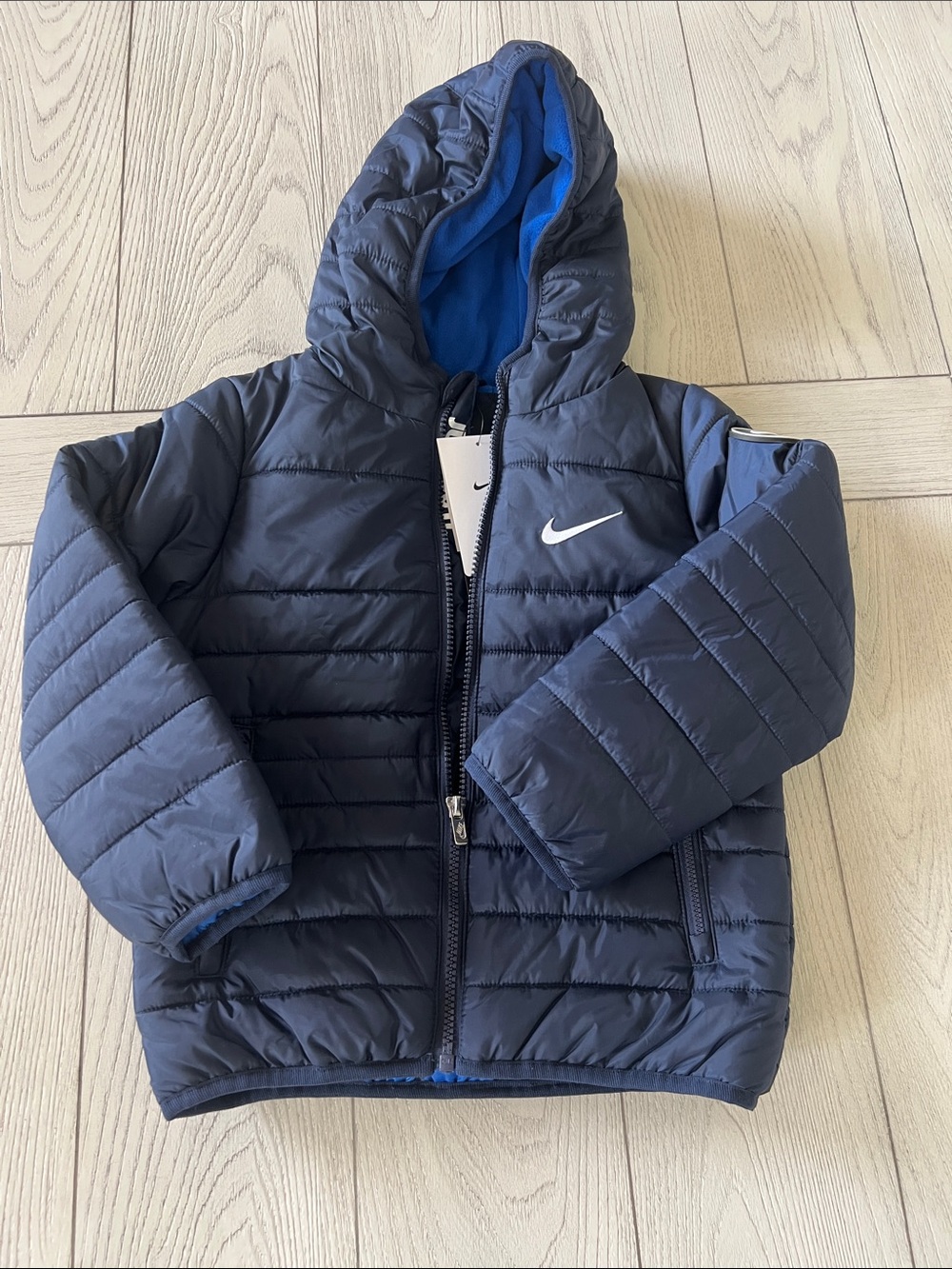 Nike Kids Navy Hooded Puffer Jacket with Blue Lining